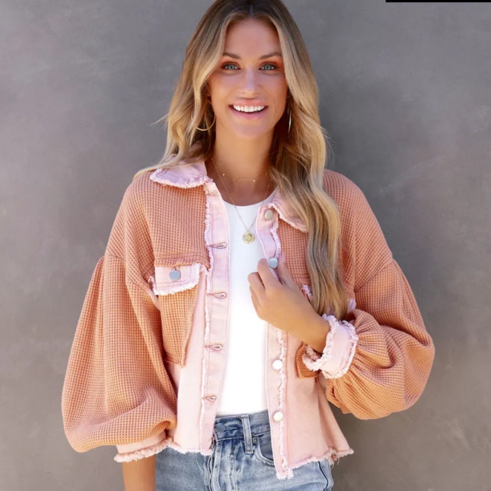 Vici Monica Cotton Waffle Knit Frayed Shacket • Pink Orange Combo